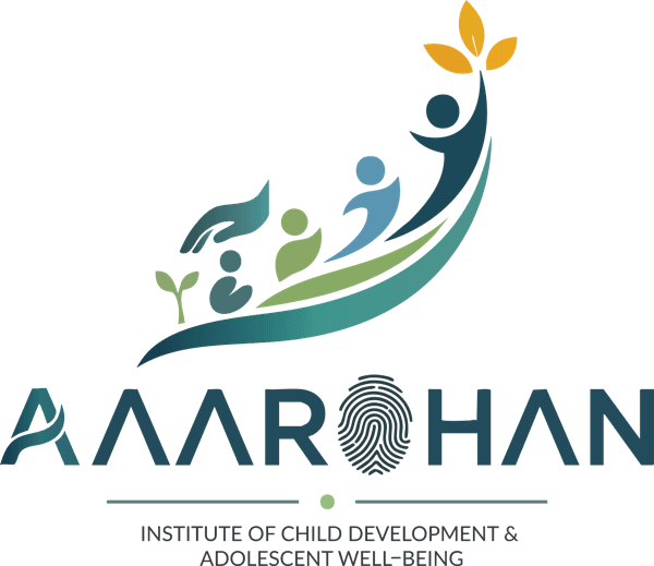 The AAArohan logo: an ascending curve carrying figures that grow as they rise, with a fingerprint inside the letter O